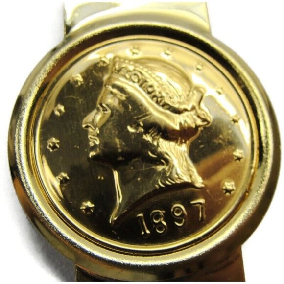 1897 USA Novelty Gold Tone Half Dollar Money Clip Stainless Steel Wallet Credit - Picture 7 of 8